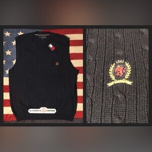 Vintage 90s TOMMY HILFIGER CABLE KNIT V NECK Navy Sweater Vest L sportsman Rlpc